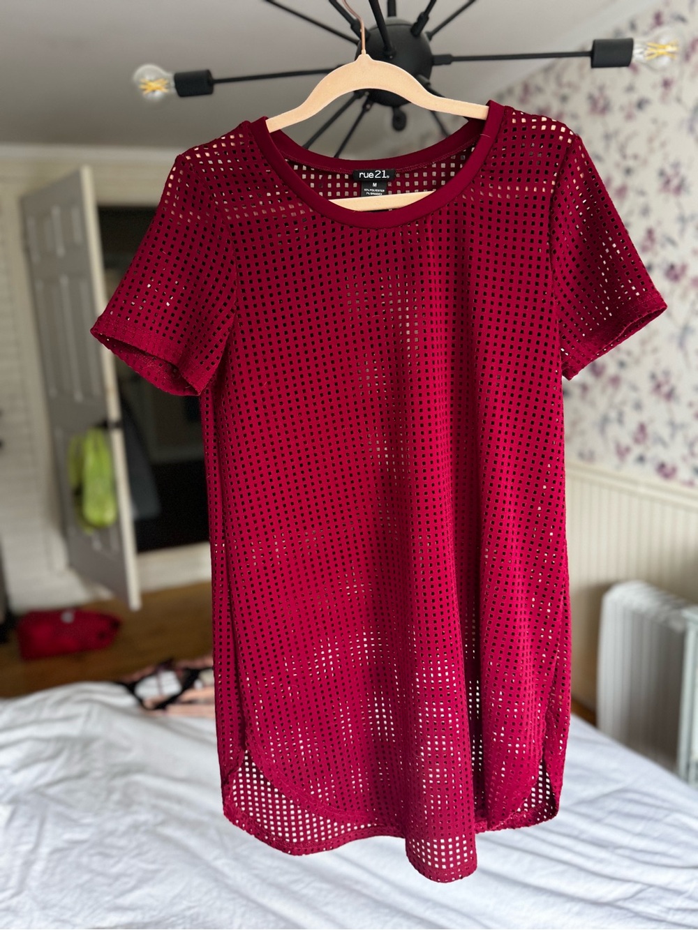 Rue21 Women's Burgundy Red Perforated Short Sleeve Long Top/mini dress